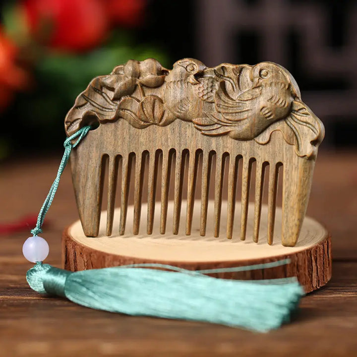 Buddha Stones Green Sandalwood Fox Peony Flower Lotus Engraved Cure Tassel Comb - Mandarin Duck Green Sandalwood - Comb