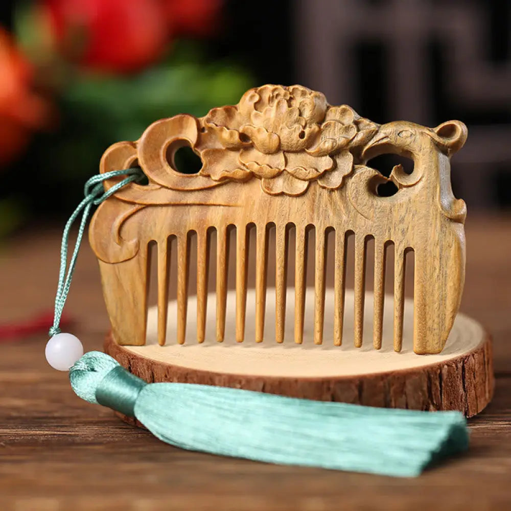 Buddha Stones Green Sandalwood Fox Peony Flower Lotus Engraved Cure Tassel Comb - Phoenix Peony Green Sandalwood - Comb