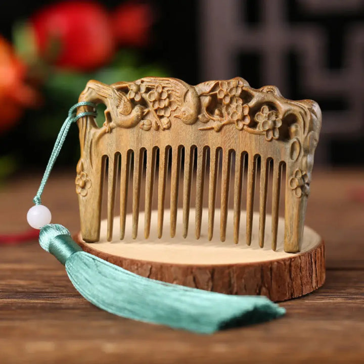 Buddha Stones Green Sandalwood Fox Peony Flower Lotus Engraved Cure Tassel Comb - Two Birds Green Sandalwood - Comb