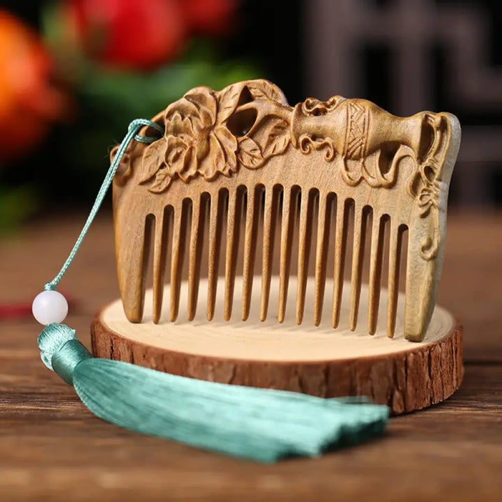 Buddha Stones Green Sandalwood Fox Peony Flower Lotus Engraved Cure Tassel Comb - Peony Vase Green Sandalwood - Comb