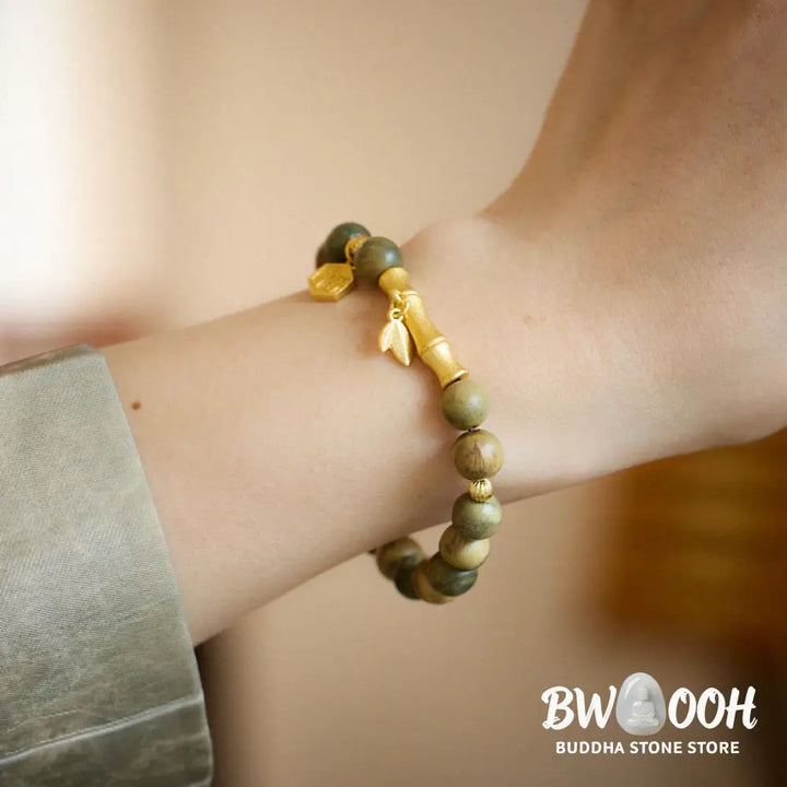 Buddha Stones Green Sandalwood Fu Character Bamboo Soothing Bracelet - BWOOOH - Green Sandalwood(Wrist Circumference: