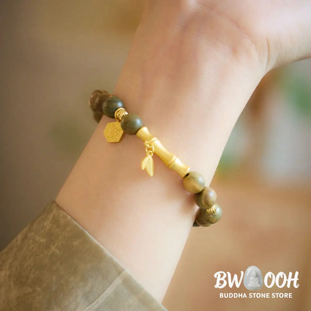 Buddha Stones Green Sandalwood Fu Character Bamboo Soothing Bracelet - BWOOOH - Green Sandalwood(Wrist Circumference: