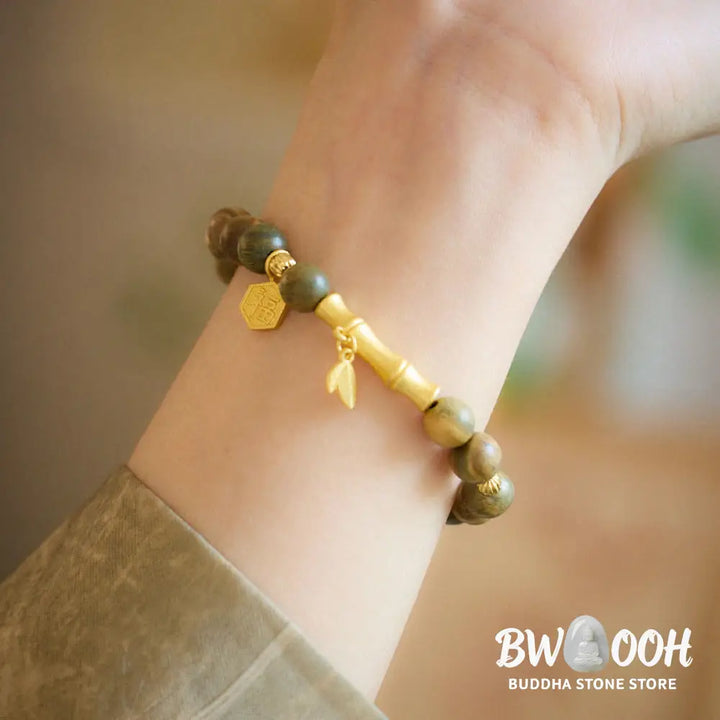 Buddha Stones Green Sandalwood Fu Character Bamboo Soothing Bracelet - BWOOOH - Green Sandalwood(Wrist Circumference: