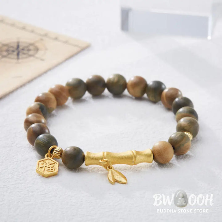 Buddha Stones Green Sandalwood Fu Character Bamboo Soothing Bracelet - BWOOOH - Green Sandalwood(Wrist Circumference: