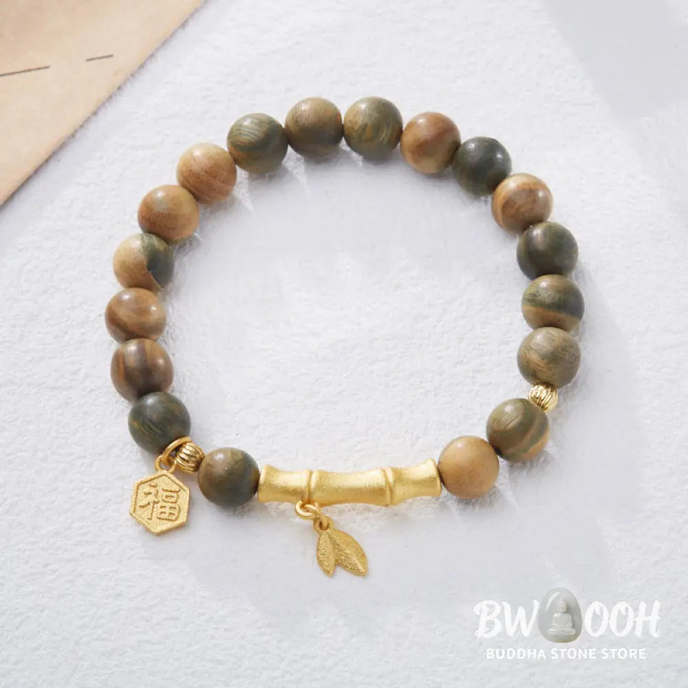 Buddha Stones Green Sandalwood Fu Character Bamboo Soothing Bracelet - BWOOOH - Green Sandalwood(Wrist Circumference: