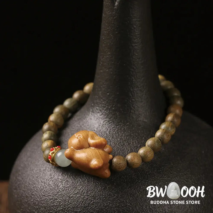 Buddha Stones Green Sandalwood Gold Sandalwood Cute Rabbit Positive Bracelet - BWOOOH - Bracelet