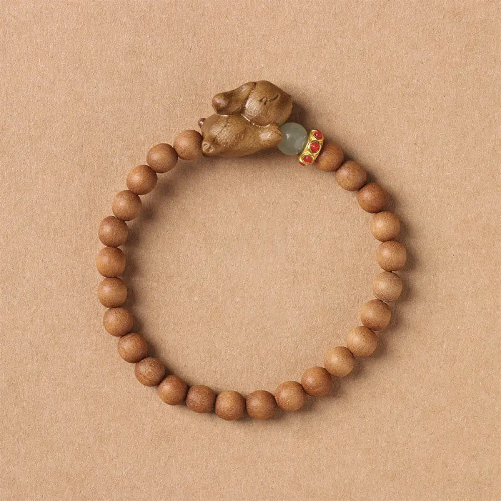 Buddha Stones Green Sandalwood Gold Sandalwood Cute Rabbit Positive Bracelet - BWOOOH - 6mm Sandalwood(Wrist