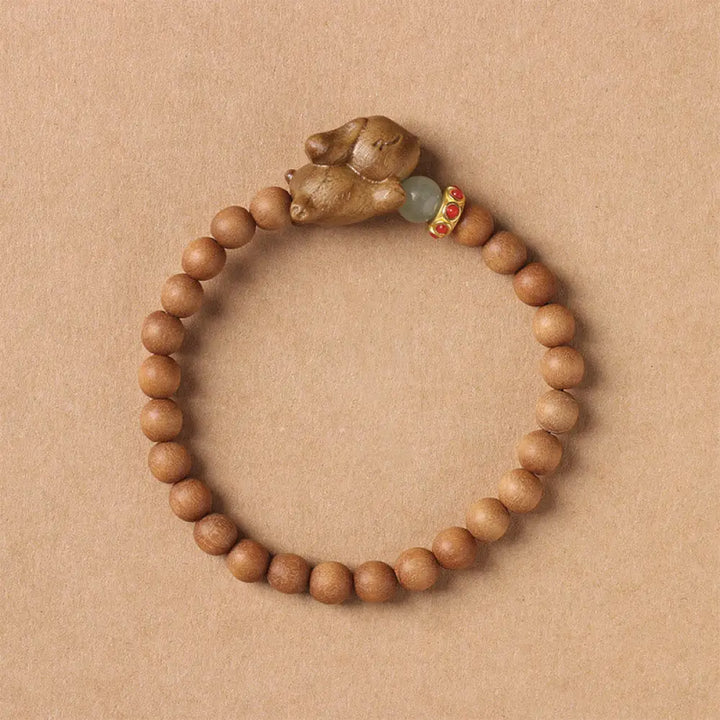 Buddha Stones Green Sandalwood Gold Sandalwood Cute Rabbit Positive Bracelet - BWOOOH - 6mm Sandalwood(Wrist