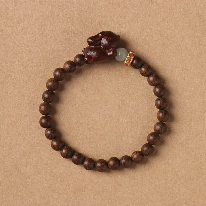 Buddha Stones Green Sandalwood Gold Sandalwood Cute Rabbit Positive Bracelet - BWOOOH - 6mm Gold Sandalwood(Wrist