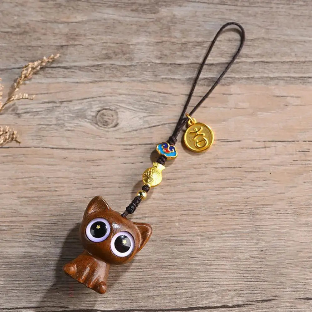 Buddha Stones Green Sandalwood Lucky Cat Koi Fish Cure Key Chain Phone Hanging Decoration - Green Sandalwood Cat Phone