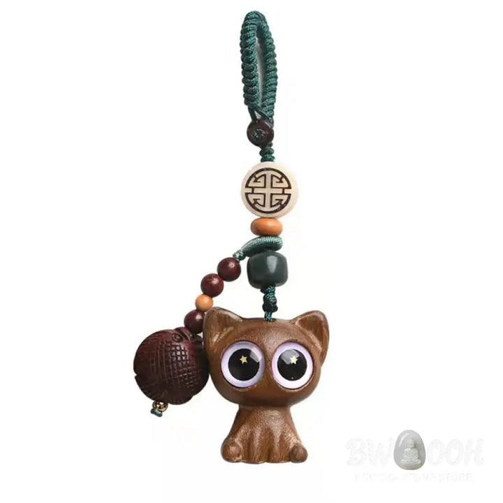 Buddha Stones Green Sandalwood Lucky Cat Koi Fish Cure Key Chain Phone Hanging Decoration - Key Chain