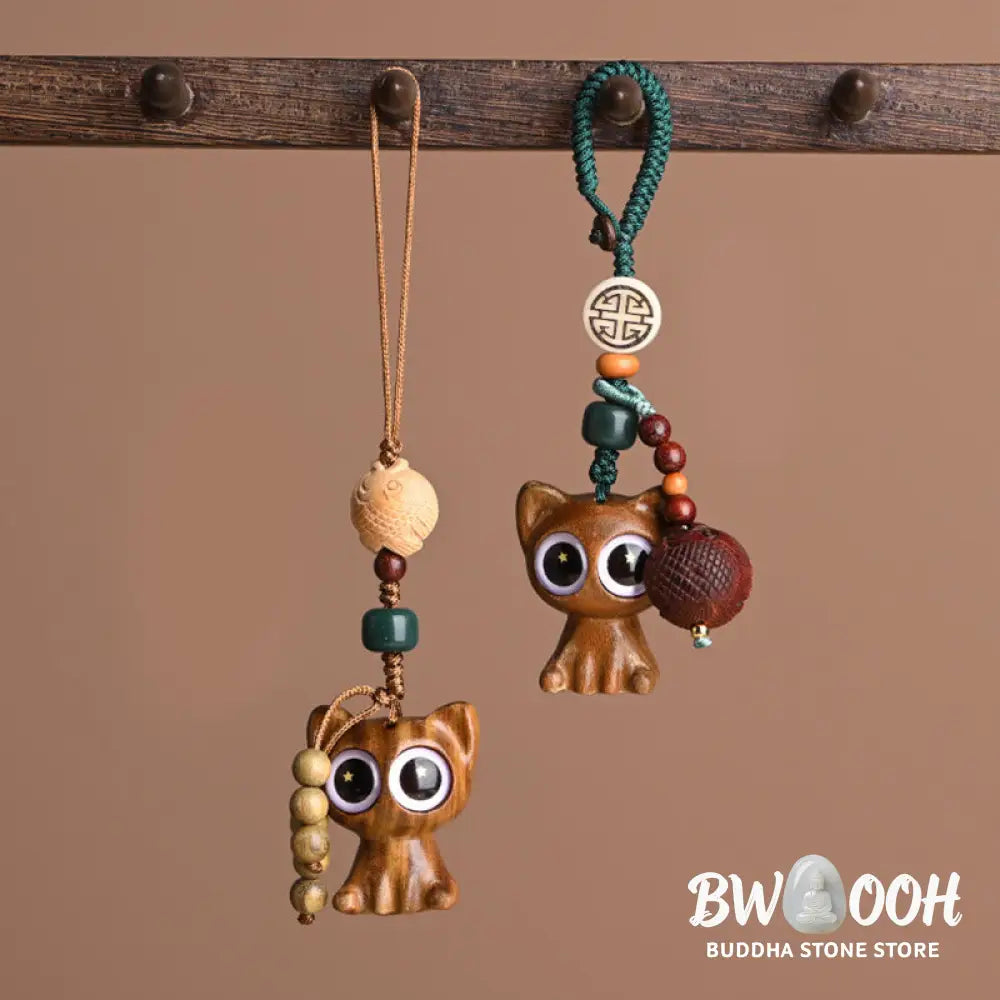 Buddha Stones Green Sandalwood Lucky Cat Koi Fish Cure Key Chain Phone Hanging Decoration - Key Chain