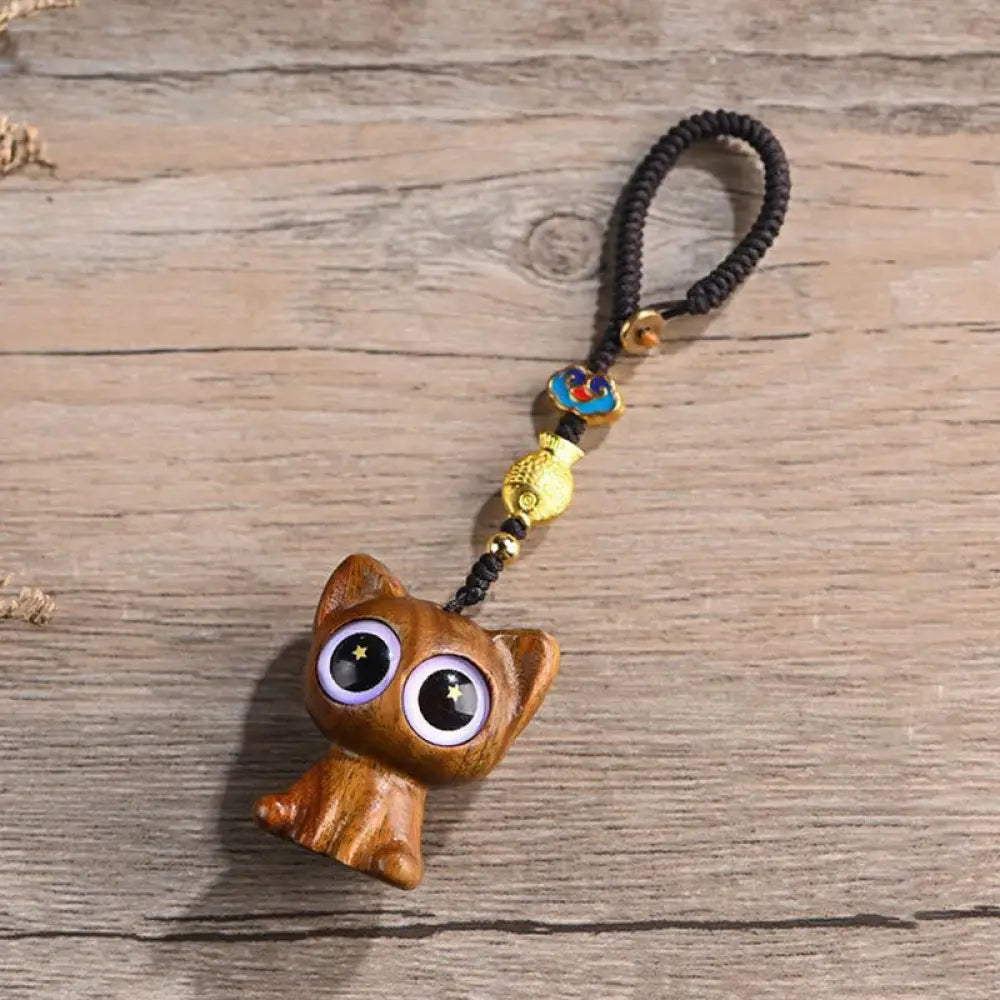 Buddha Stones Green Sandalwood Lucky Cat Koi Fish Cure Key Chain Phone Hanging Decoration - Green Sandalwood Cat Key