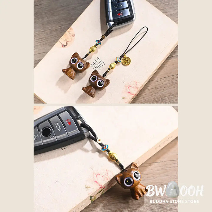 Buddha Stones Green Sandalwood Lucky Cat Koi Fish Cure Key Chain Phone Hanging Decoration - Key Chain