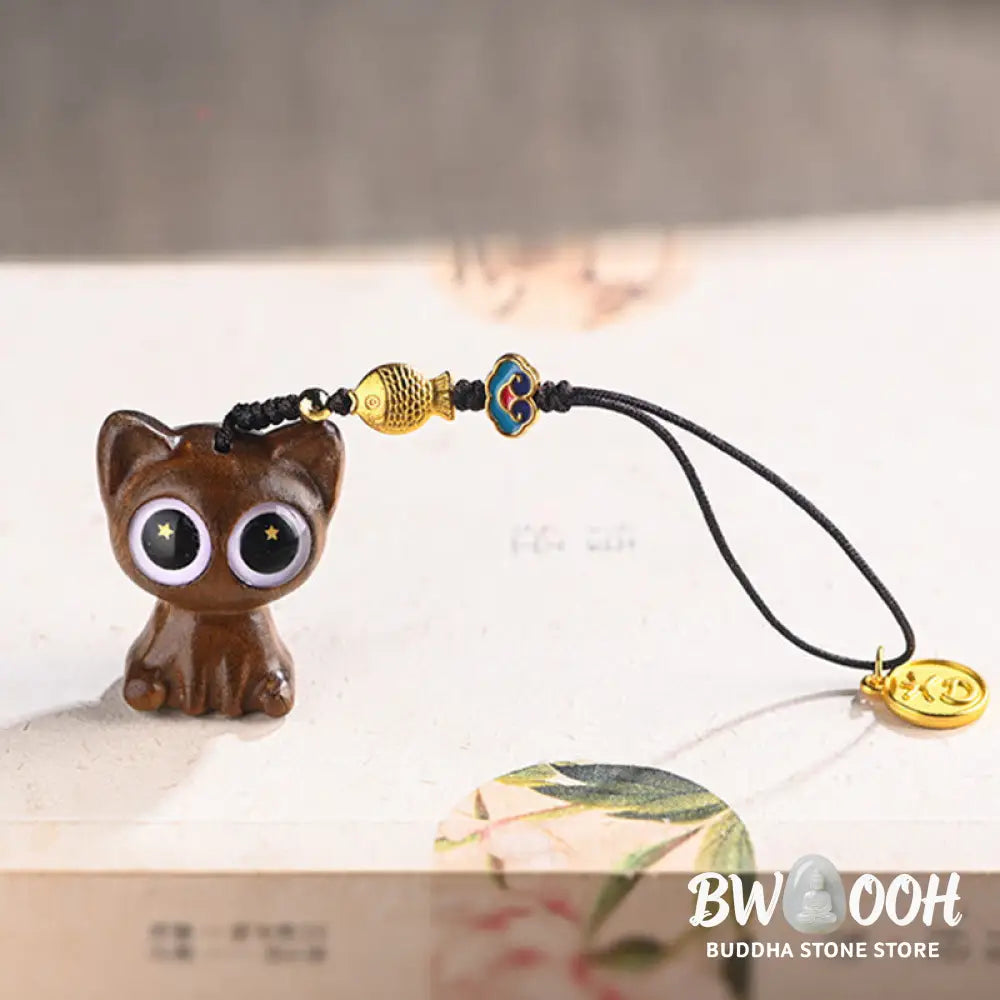 Buddha Stones Green Sandalwood Lucky Cat Koi Fish Cure Key Chain Phone Hanging Decoration - Key Chain
