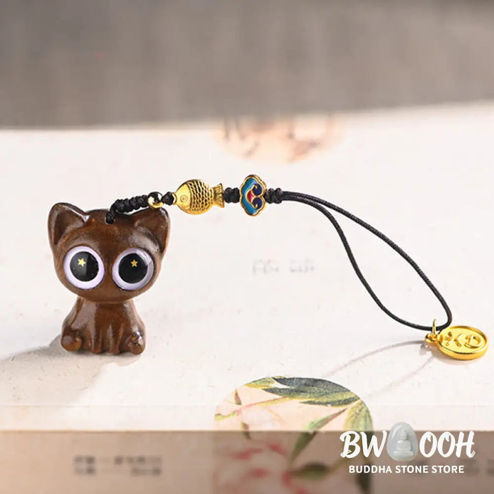 Buddha Stones Green Sandalwood Lucky Cat Koi Fish Cure Key Chain Phone Hanging Decoration - Key Chain