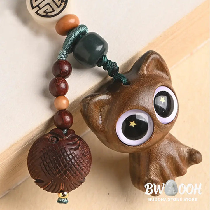 Buddha Stones Green Sandalwood Lucky Cat Koi Fish Cure Key Chain Phone Hanging Decoration - Key Chain