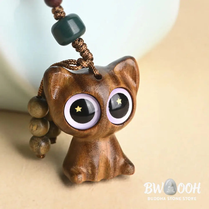 Buddha Stones Green Sandalwood Lucky Cat Koi Fish Cure Key Chain Phone Hanging Decoration - Key Chain