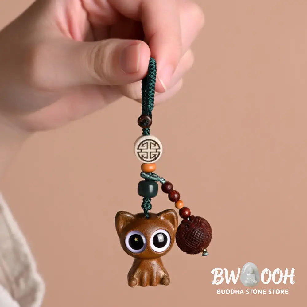 Buddha Stones Green Sandalwood Lucky Cat Koi Fish Cure Key Chain Phone Hanging Decoration - Key Chain