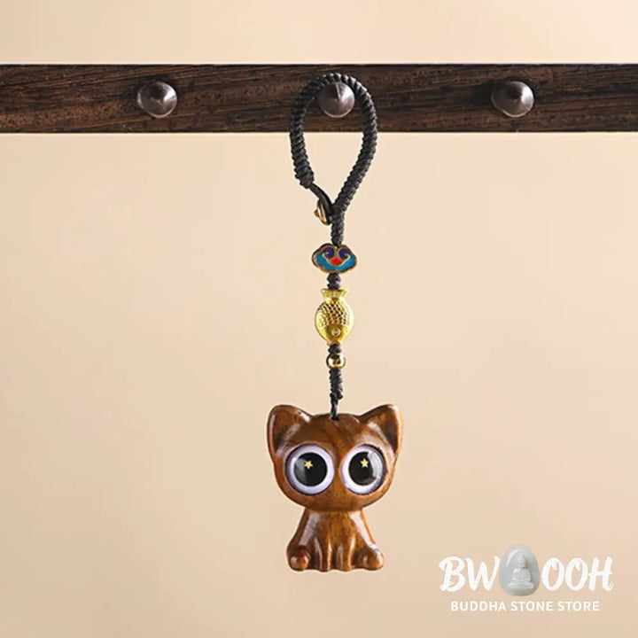 Buddha Stones Green Sandalwood Lucky Cat Koi Fish Cure Key Chain Phone Hanging Decoration - Key Chain