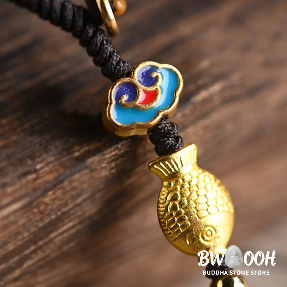 Buddha Stones Green Sandalwood Lucky Cat Koi Fish Cure Key Chain Phone Hanging Decoration - Key Chain