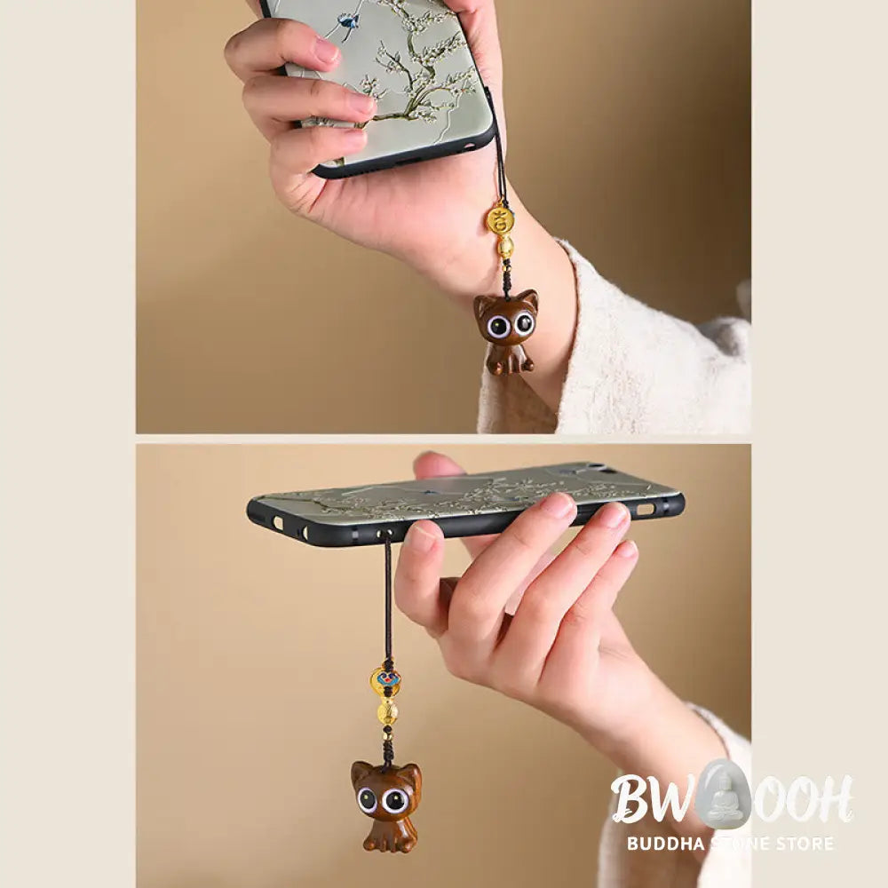 Buddha Stones Green Sandalwood Lucky Cat Koi Fish Cure Key Chain Phone Hanging Decoration - Key Chain