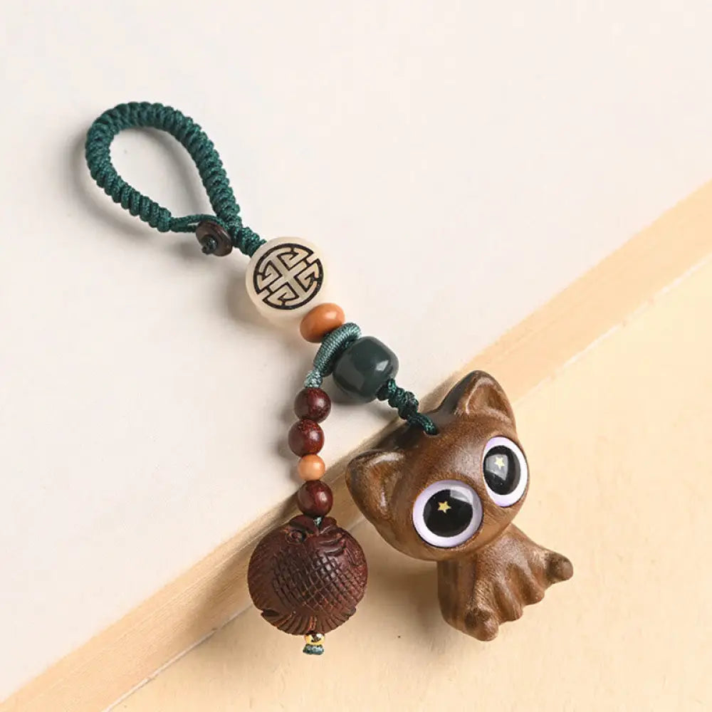 Buddha Stones Green Sandalwood Lucky Cat Koi Fish Cure Key Chain Phone Hanging Decoration - Green Sandalwood Cat Koi