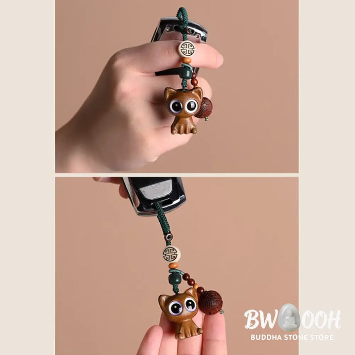 Buddha Stones Green Sandalwood Lucky Cat Koi Fish Cure Key Chain Phone Hanging Decoration - Key Chain