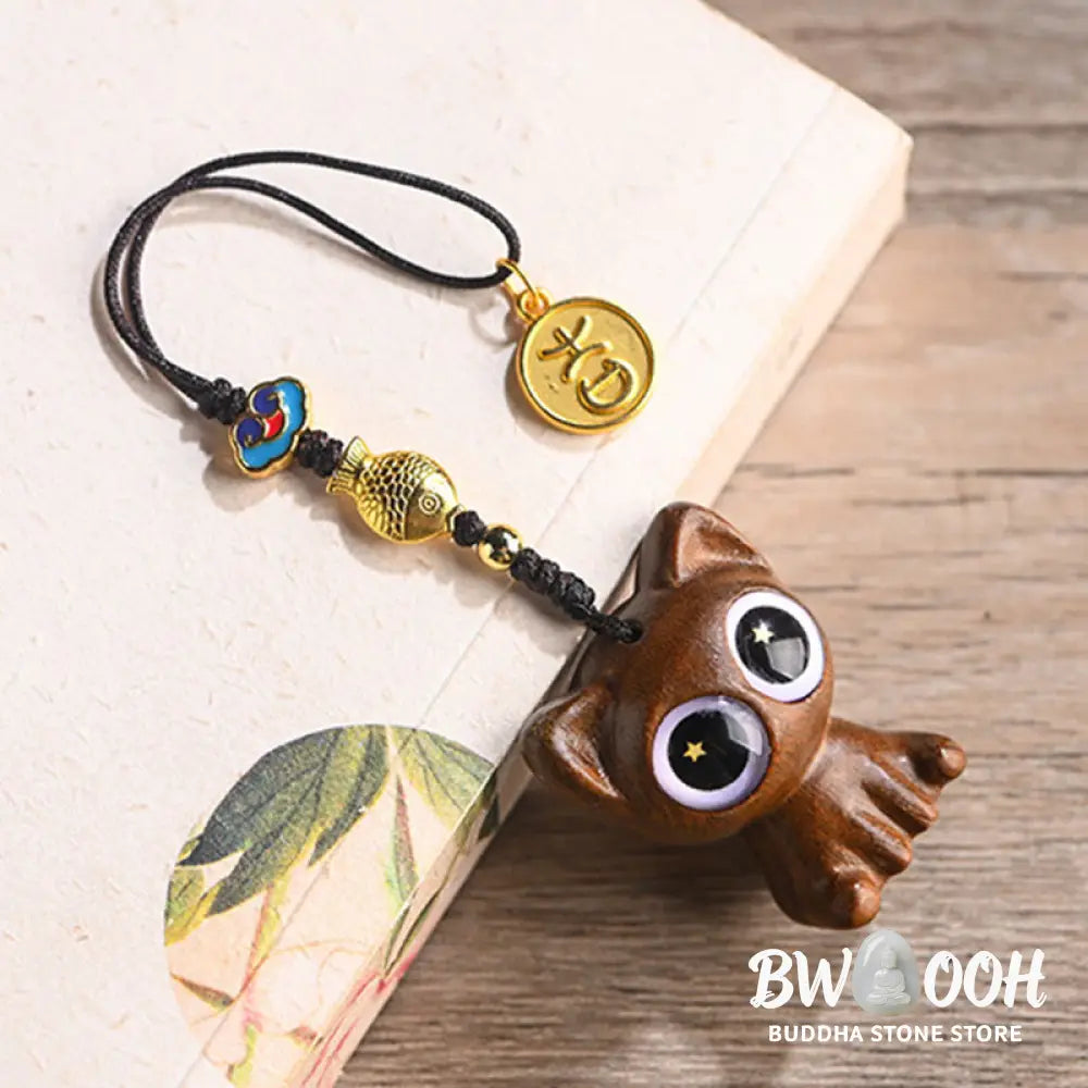 Buddha Stones Green Sandalwood Lucky Cat Koi Fish Cure Key Chain Phone Hanging Decoration - Key Chain