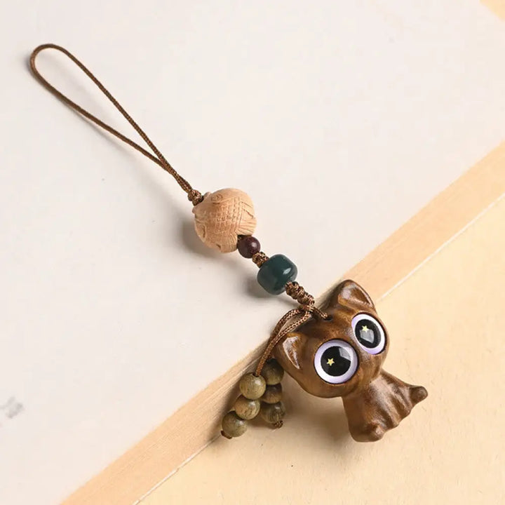 Buddha Stones Green Sandalwood Lucky Cat Koi Fish Cure Key Chain Phone Hanging Decoration - Green Sandalwood Cat Koi