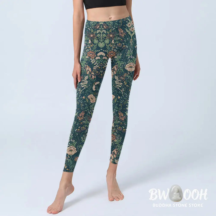 BWOOOH printed yoga leggings - Green Stitching Flowers Vines Pattern Pr