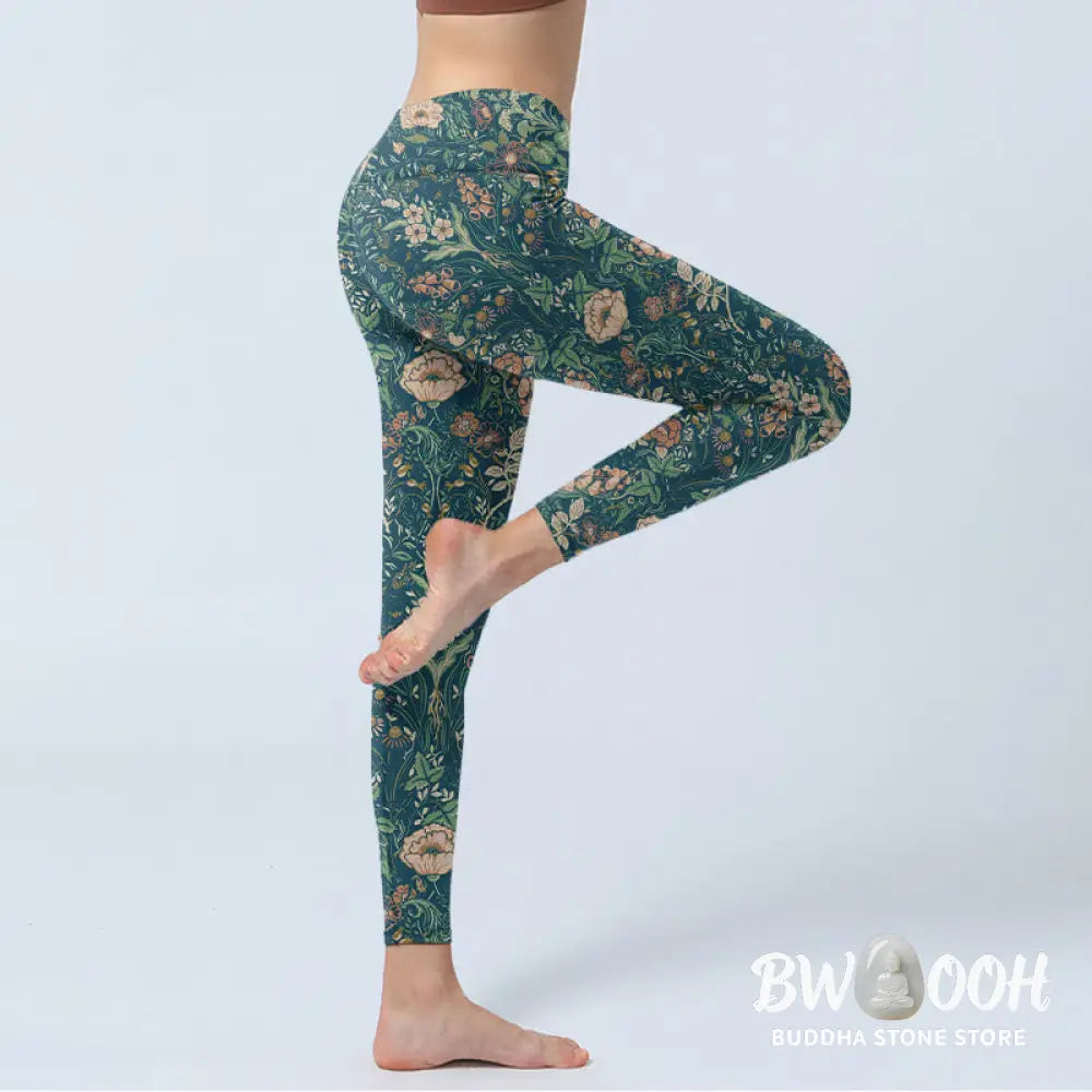 BWOOOH printed yoga leggings - Green Stitching Flowers Vines Pattern Pr