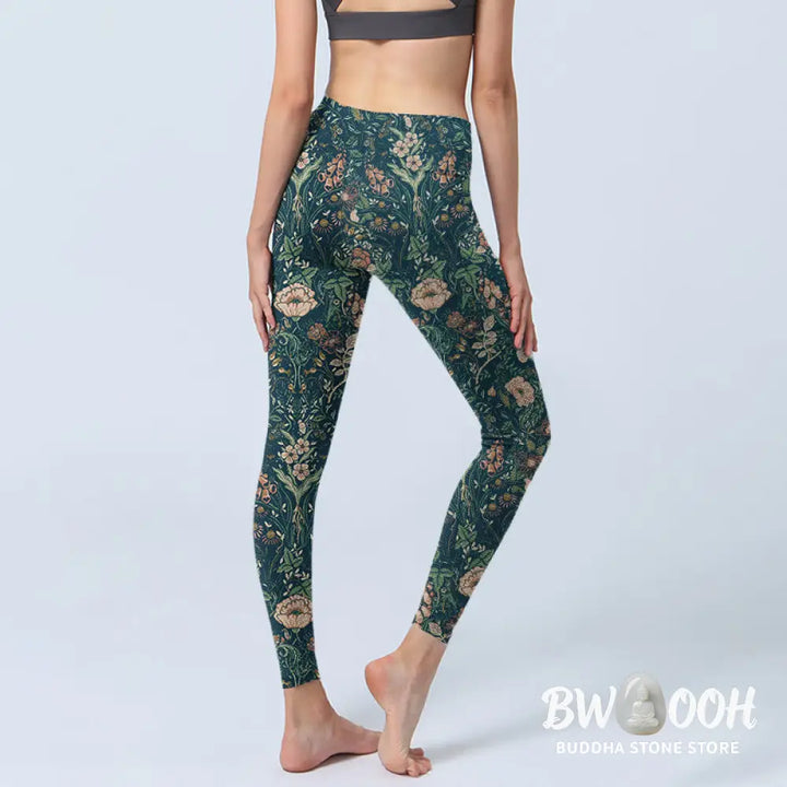 BWOOOH printed yoga leggings - Green Stitching Flowers Vines Pattern Pr