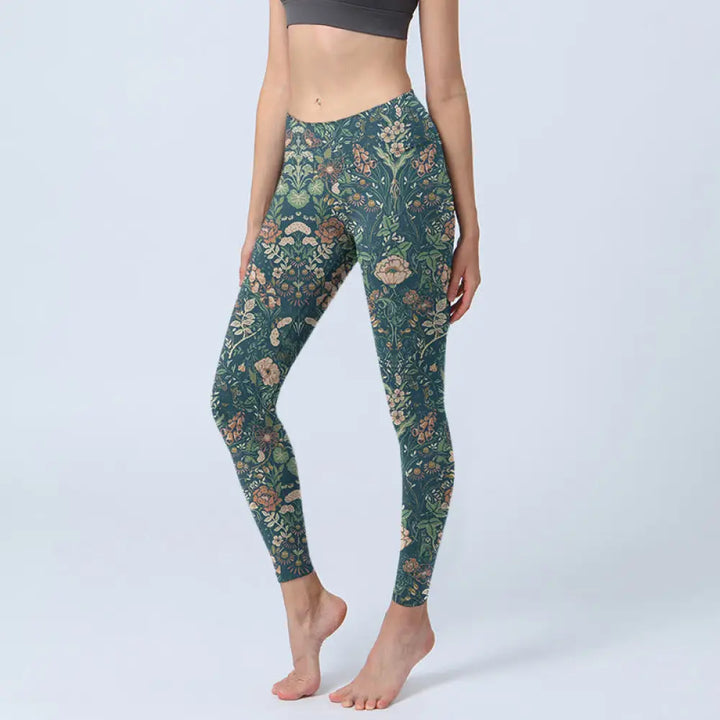 BWOOOH printed yoga leggings - Green Stitching Flowers Vines Pattern Pr