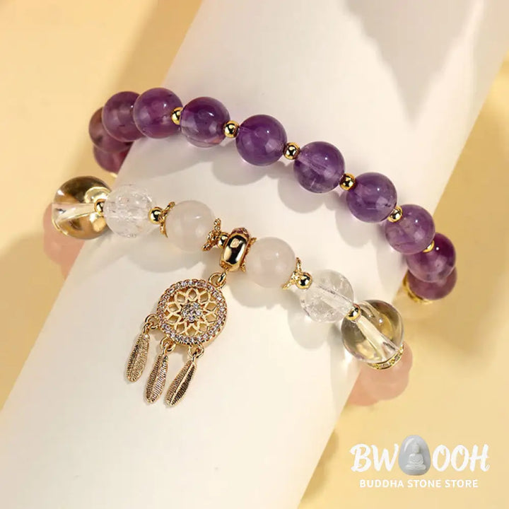 Buddha Stones Green Strawberry Quartz Amethyst Crystal Dreamcatcher Healing Bracelet - BWOOOH - Bracelet