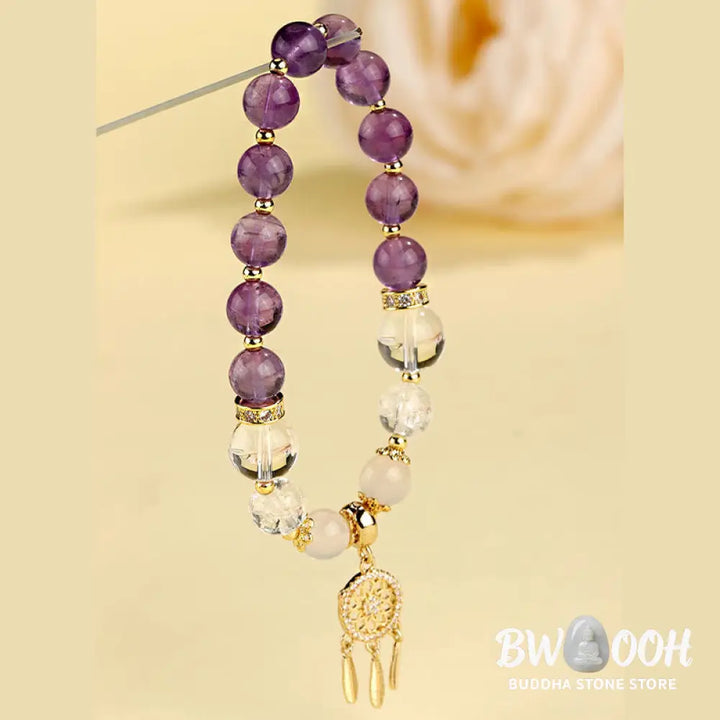 Buddha Stones Green Strawberry Quartz Amethyst Crystal Dreamcatcher Healing Bracelet - BWOOOH - Bracelet