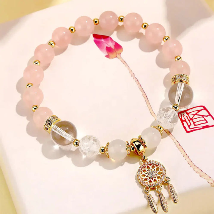 Buddha Stones Green Strawberry Quartz Amethyst Crystal Dreamcatcher Healing Bracelet - BWOOOH - Pink Crystal White