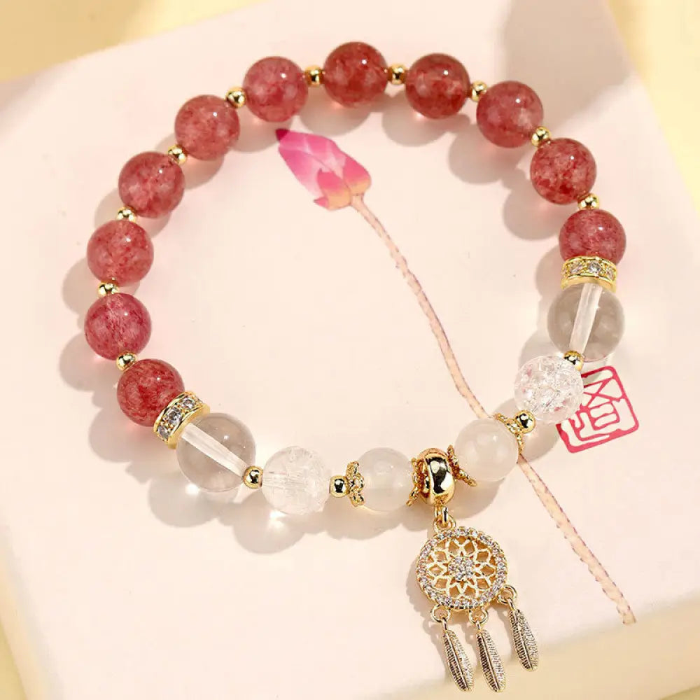 Buddha Stones Green Strawberry Quartz Amethyst Crystal Dreamcatcher Healing Bracelet - BWOOOH - Strawberry Quartz(Wrist