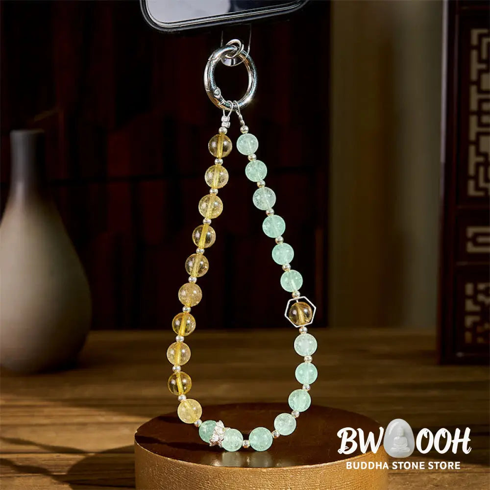 Buddha Stones Green Strawberry Quartz Citrine Beaded Soothing Key Chain Phone Hanging Decoration - Green Strawberry
