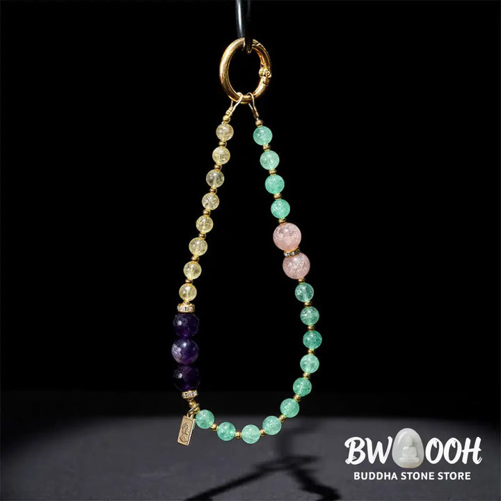 Buddha Stones Green Strawberry Quartz Citrine Queen Charm Calm Key Chain Phone Hanging Decoration - Green Strawberry