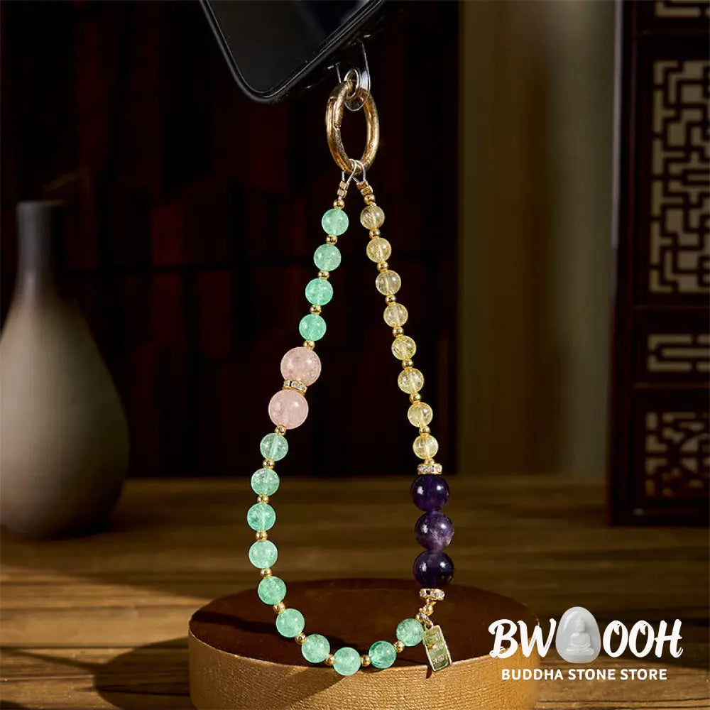 Buddha Stones Green Strawberry Quartz Citrine Queen Charm Calm Key Chain Phone Hanging Decoration - Green Strawberry
