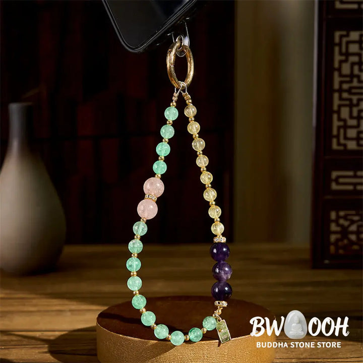 Buddha Stones Green Strawberry Quartz Citrine Queen Charm Calm Key Chain Phone Hanging Decoration - Green Strawberry