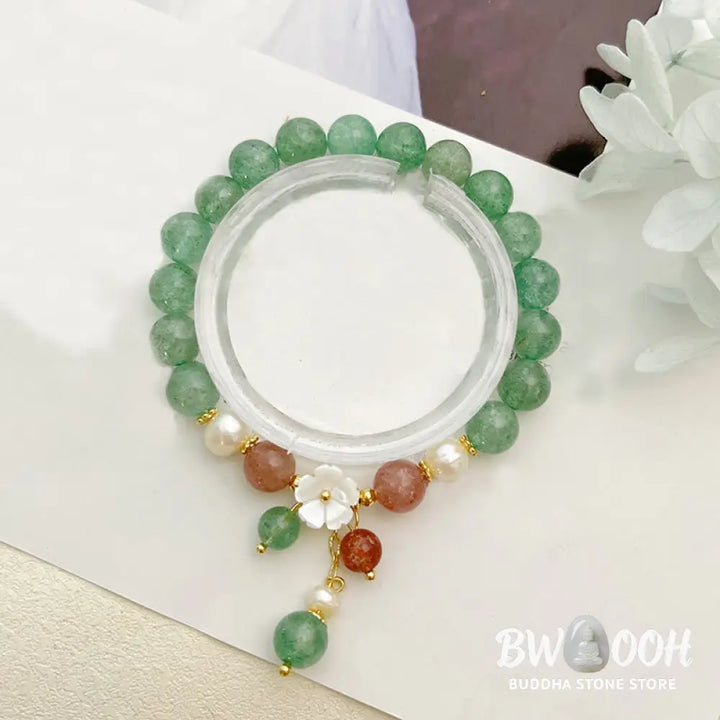 Buddha Stones Green Strawberry Quartz Shell Peach Blossom Soothing Bracelet - Green Strawberry Quartz(Wrist