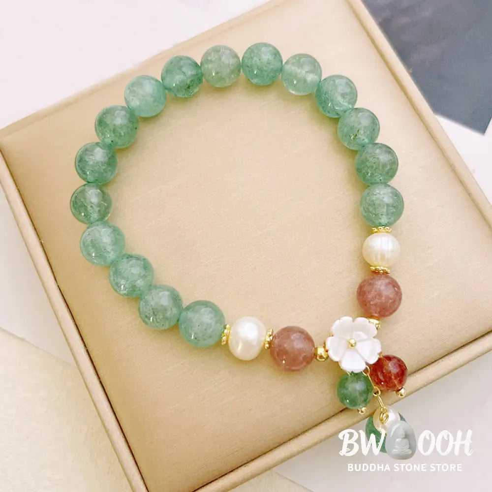 Buddha Stones Green Strawberry Quartz Shell Peach Blossom Soothing Bracelet - Green Strawberry Quartz(Wrist