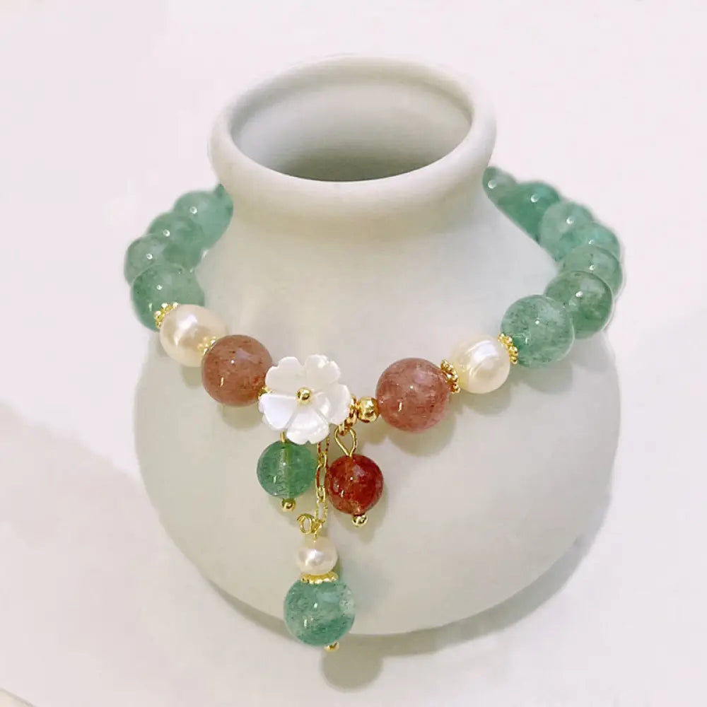 Buddha Stones Green Strawberry Quartz Shell Peach Blossom Soothing Bracelet - Green Strawberry Quartz(Wrist