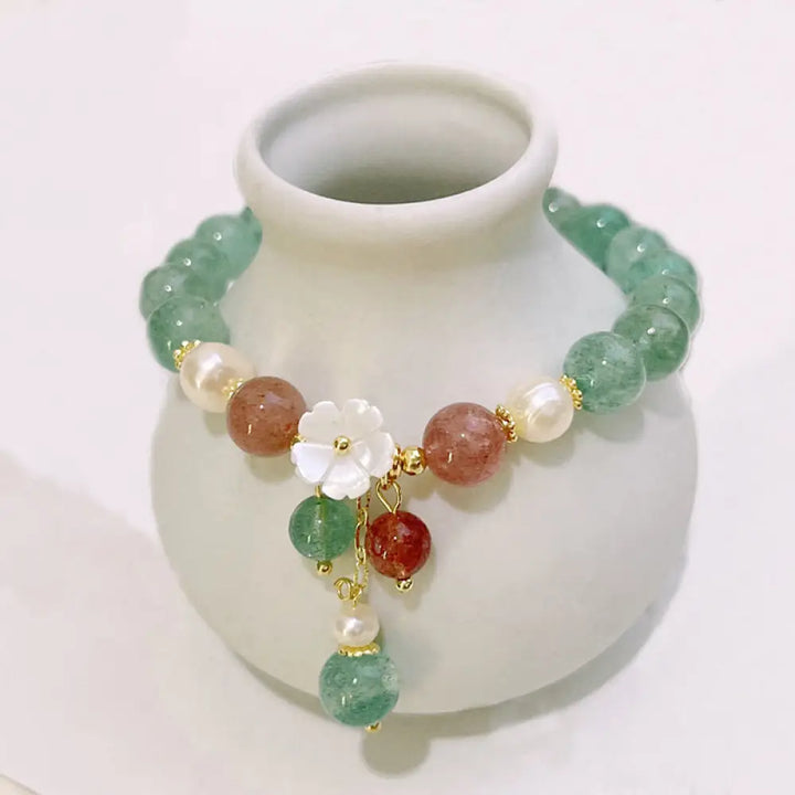 Buddha Stones Green Strawberry Quartz Shell Peach Blossom Soothing Bracelet - Green Strawberry Quartz(Wrist