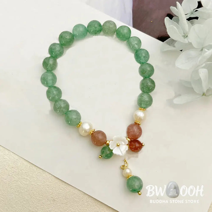 Buddha Stones Green Strawberry Quartz Shell Peach Blossom Soothing Bracelet - Green Strawberry Quartz(Wrist