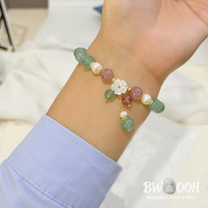 Buddha Stones Green Strawberry Quartz Shell Peach Blossom Soothing Bracelet - Green Strawberry Quartz(Wrist