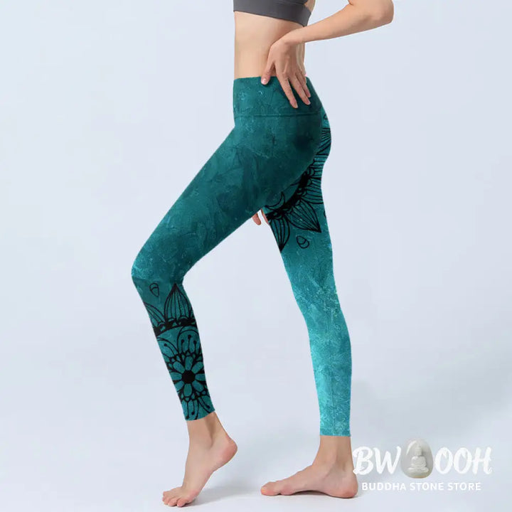 BWOOOH printed yoga leggings - Green Sunflowers Blossoms Print Gym Legg