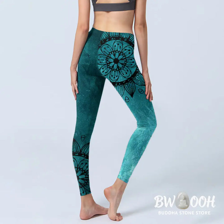 BWOOOH printed yoga leggings - Green Sunflowers Blossoms Print Gym Legg
